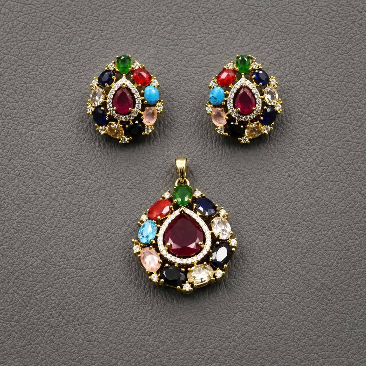 Multi-Gemstone Pendant & Stud Earring Set | Floral Jewelry