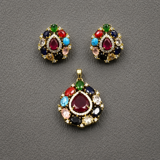 Multi-Gemstone Pendant & Stud Earring Set | Floral Jewelry