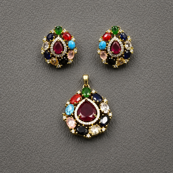Multi-Gemstone Pendant & Stud Earring Set | Floral Jewelry