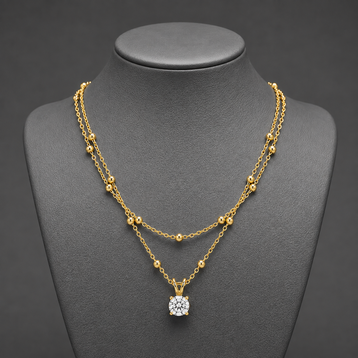 Minimalist Double Chain Layered Solitaire AD Gold Plated Necklace