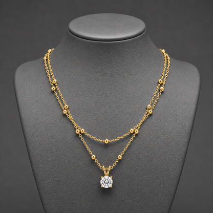 Minimalist Double Chain Layered Solitaire AD Gold Plated Necklace