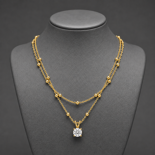 Minimalist Layered Solitaire Gold Plated Necklace | Double Chain Cz Pendant Jewelry