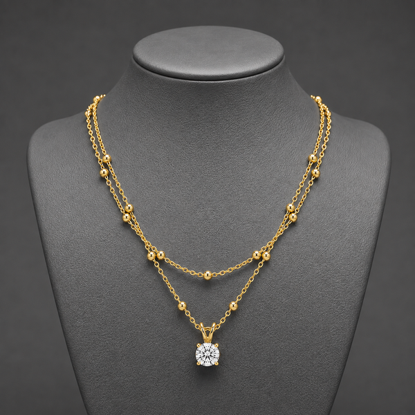 Minimalist Layered Solitaire Gold Plated Necklace | Double Chain Cz Pendant Jewelry