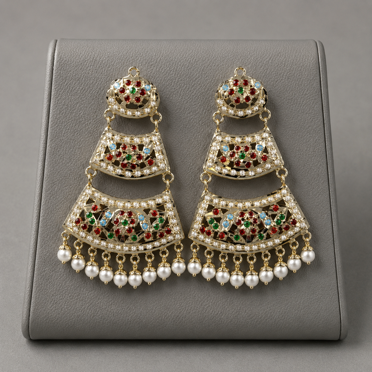 Traditional 3-Tier Chandbali Earrings | Jadau & Pearl Drop Design