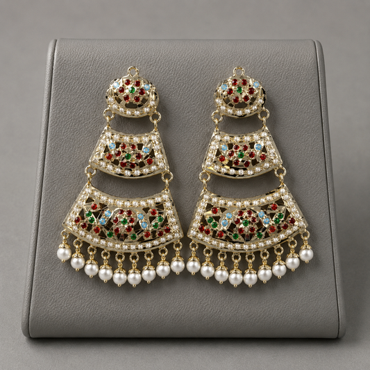 3-Tier Gold Plated Jadau Chandbali Earrings with Pearl Drops, ideal wear for wedding n festival