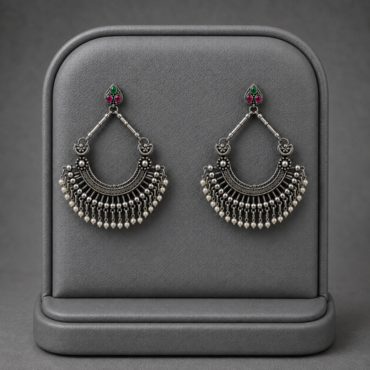 Vintage Style Silver Tone Chandbali Hoop Earrings for Women