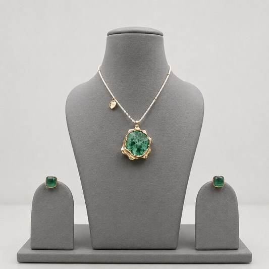 Raw Malachite Geode Pendant Necklace Set with Stud Earrings