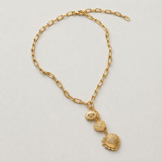Triple Heart & Evil Eye Paperclip Chain Necklace