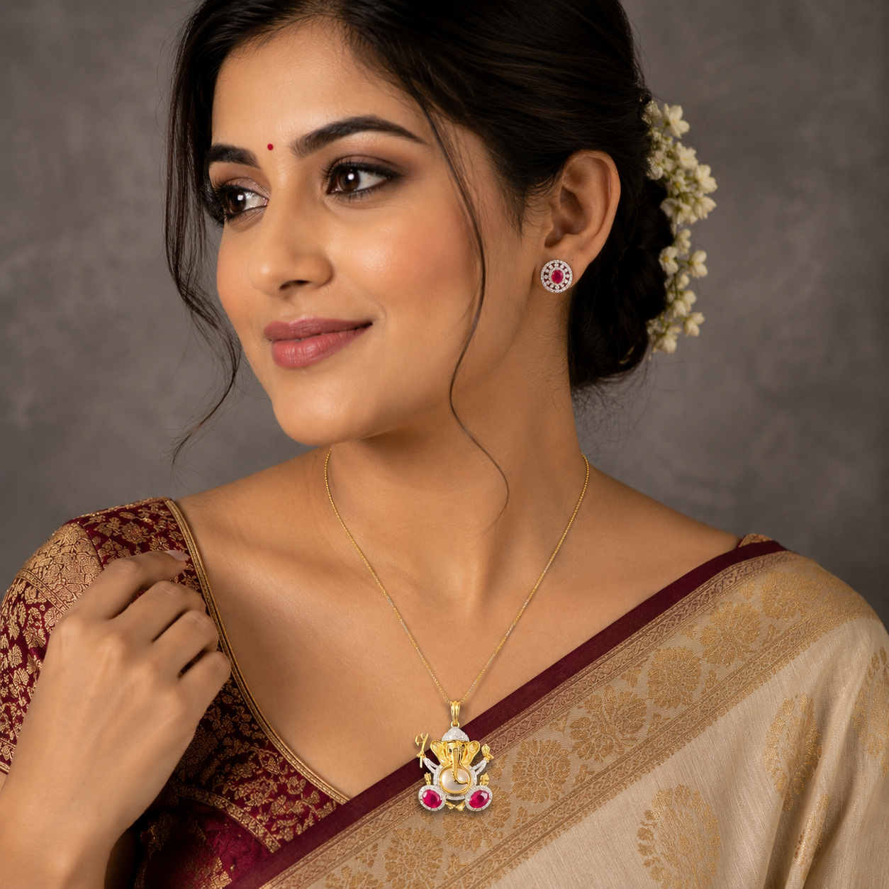 Gold-Tone Ganesha Pendant Set with Ruby & American Diamonds