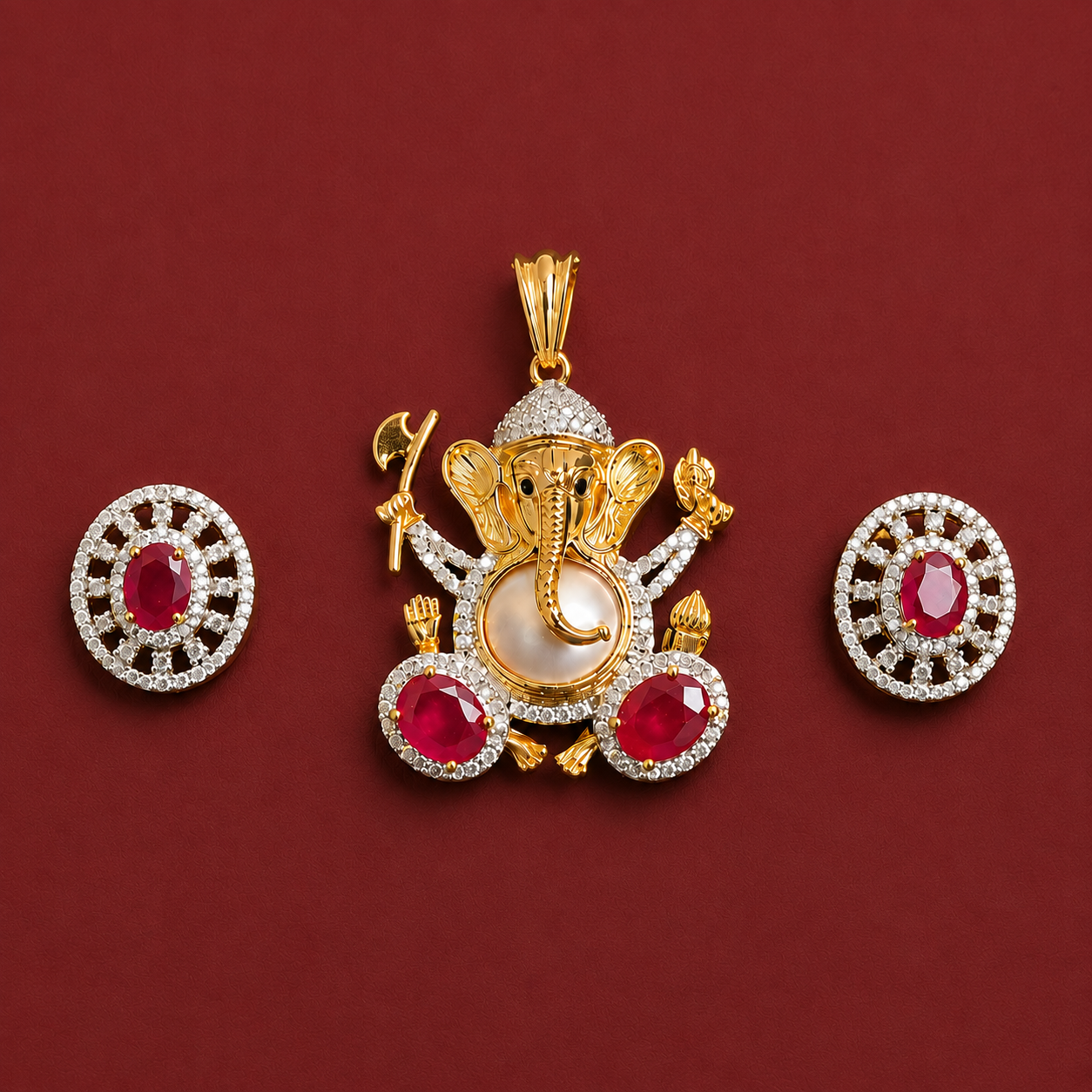 Gold-Tone Ganesha Pendant Set with Ruby & American Diamonds
