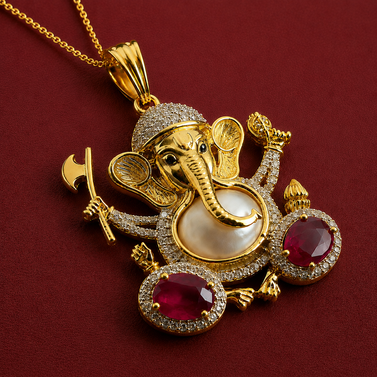 Gold-Tone Ganesha Pendant Set with Ruby & American Diamonds
