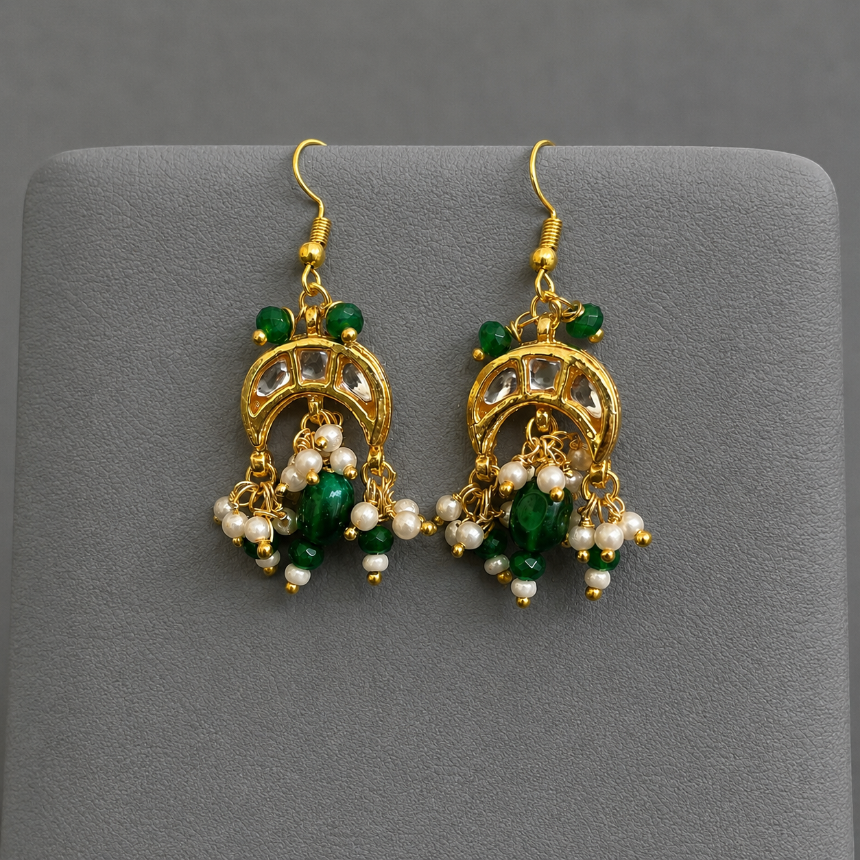 Handcrafted Pearl & Green Gemstone Necklace Set with Earrings | Traditional Kundan-Inspired Gold Plated Bridal Jewelry for Women
