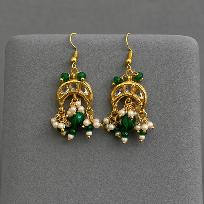 Handcrafted Pearl & Green Gemstone Necklace Set with Earrings | Traditional Kundan-Inspired Gold Plated Bridal Jewelry for Women