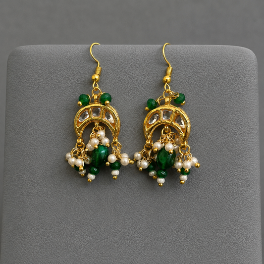 Handcrafted Pearl & Green Gemstone Necklace Set with Earrings | Traditional Kundan-Inspired Gold Plated Bridal Jewelry for Women