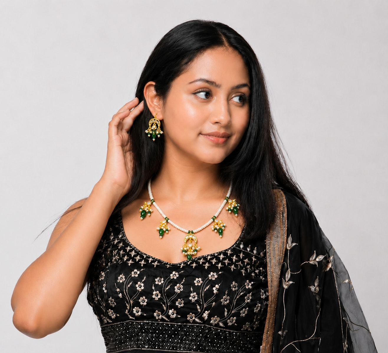 Handcrafted Pearl & Green Gemstone Necklace Set with Earrings | Traditional Kundan-Inspired Gold Plated Bridal Jewelry for Women