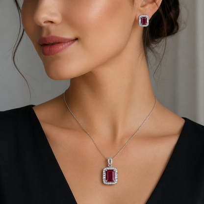 Ruby Red Crystal AD Pendant Set - Silver Toned Designer