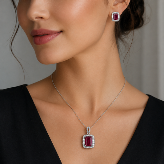 Ruby Red Crystal Pendant Set with American Diamonds | Silver-Toned Designer Necklace & Stud Earrings for Women