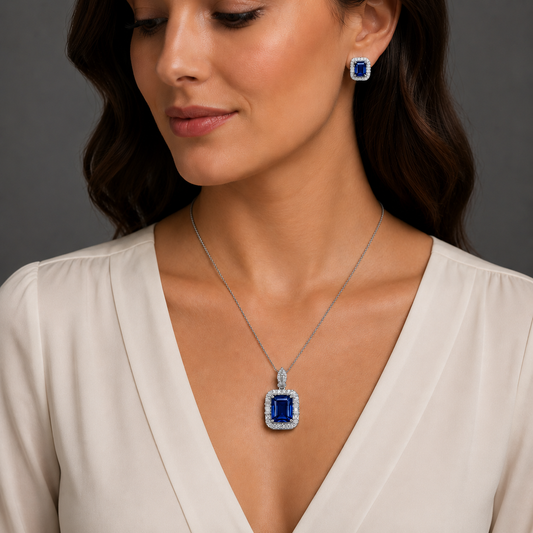 Royal Sapphire Blue Crystal Pendant Set with American Diamonds | Silver-Toned Luxury Necklace & Stud Earrings for Women