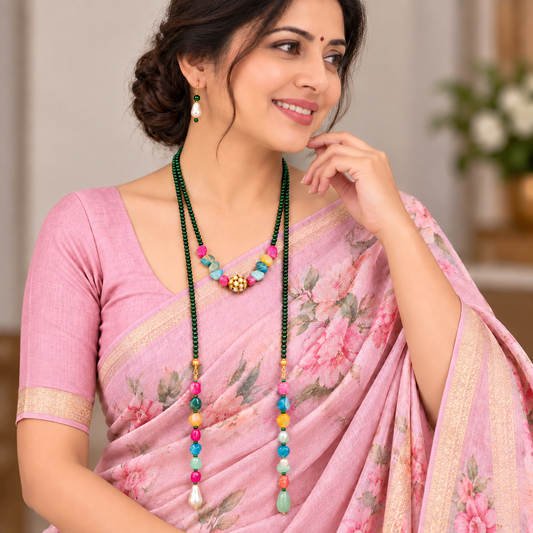Green Beaded Lariat Necklace Set with Multicolor Gemstones & Pearls