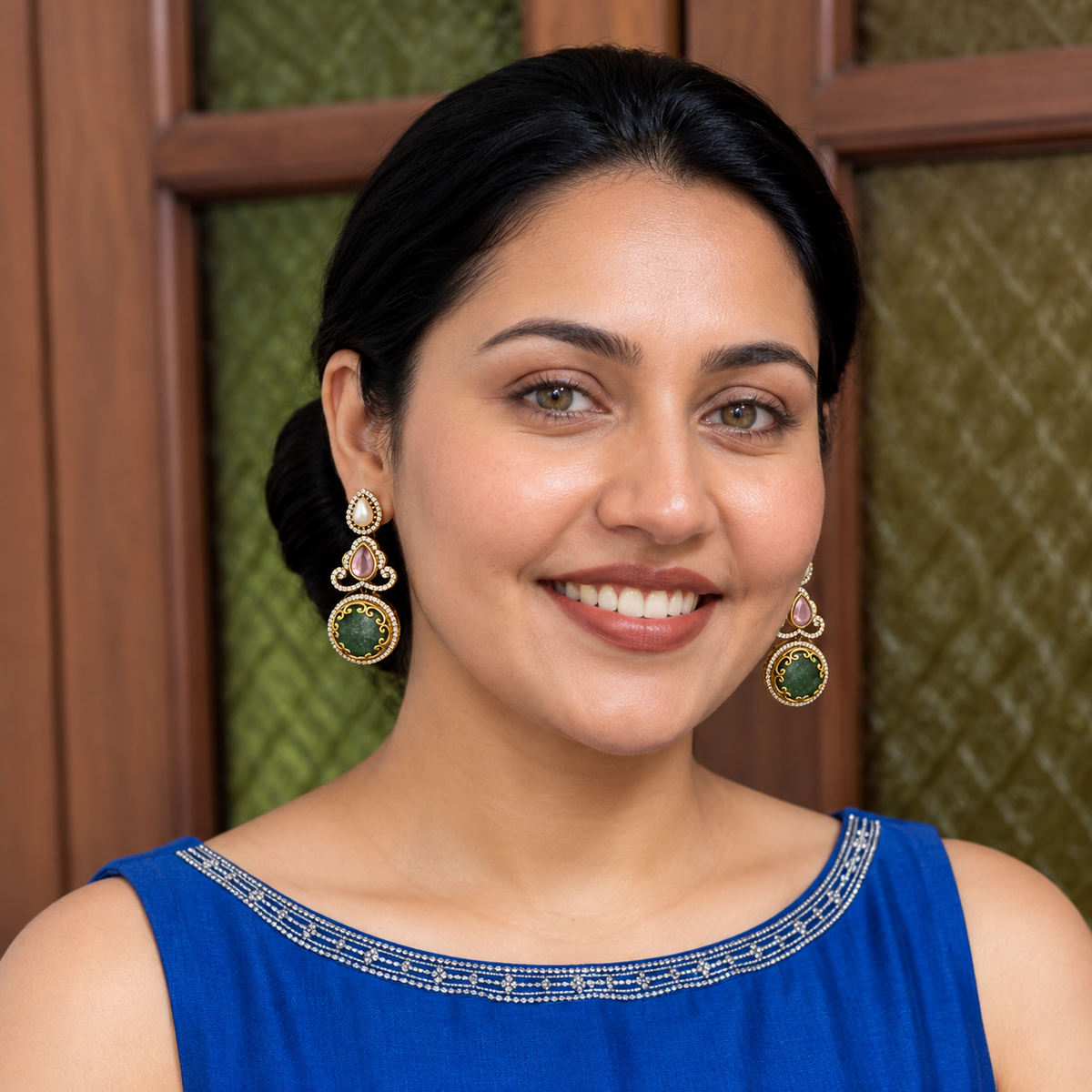 Handcrafted Pink & Mint Stone, Kundan & AD Three-Tier Drop Earrings in Antique Brass