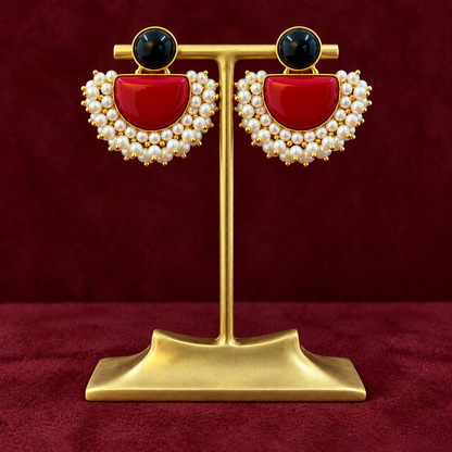 Festive Red & Black Stone Handcrafted Brass Stud Earrings with Pearl Edge
