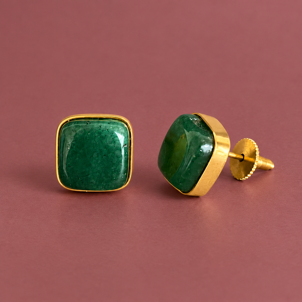 Premium Green Gemstone Stud Earrings for Women | Square Gold-Tone Cushion Studs – 1.5 cm