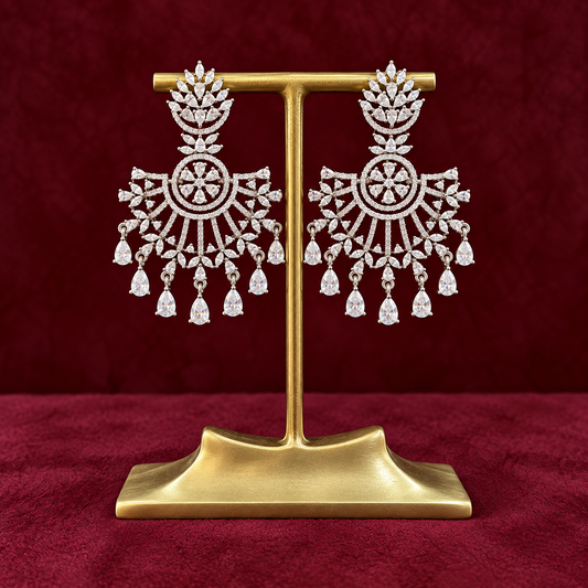 Premium American Diamond CZ Silver-Toned Statement Chandbali Earrings