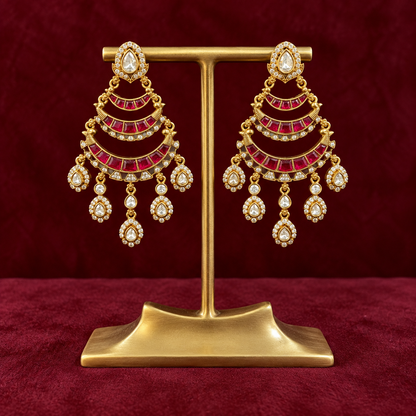 Royal Handcrafted Pink & White Kundan Chaandbali Earrings in antique brass