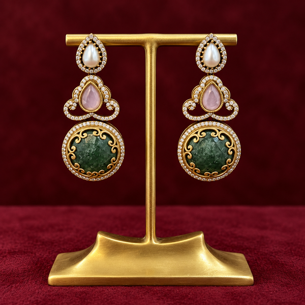 Handcrafted Pink & Mint Stone, Kundan & AD Three-Tier Drop Earrings in Antique Brass