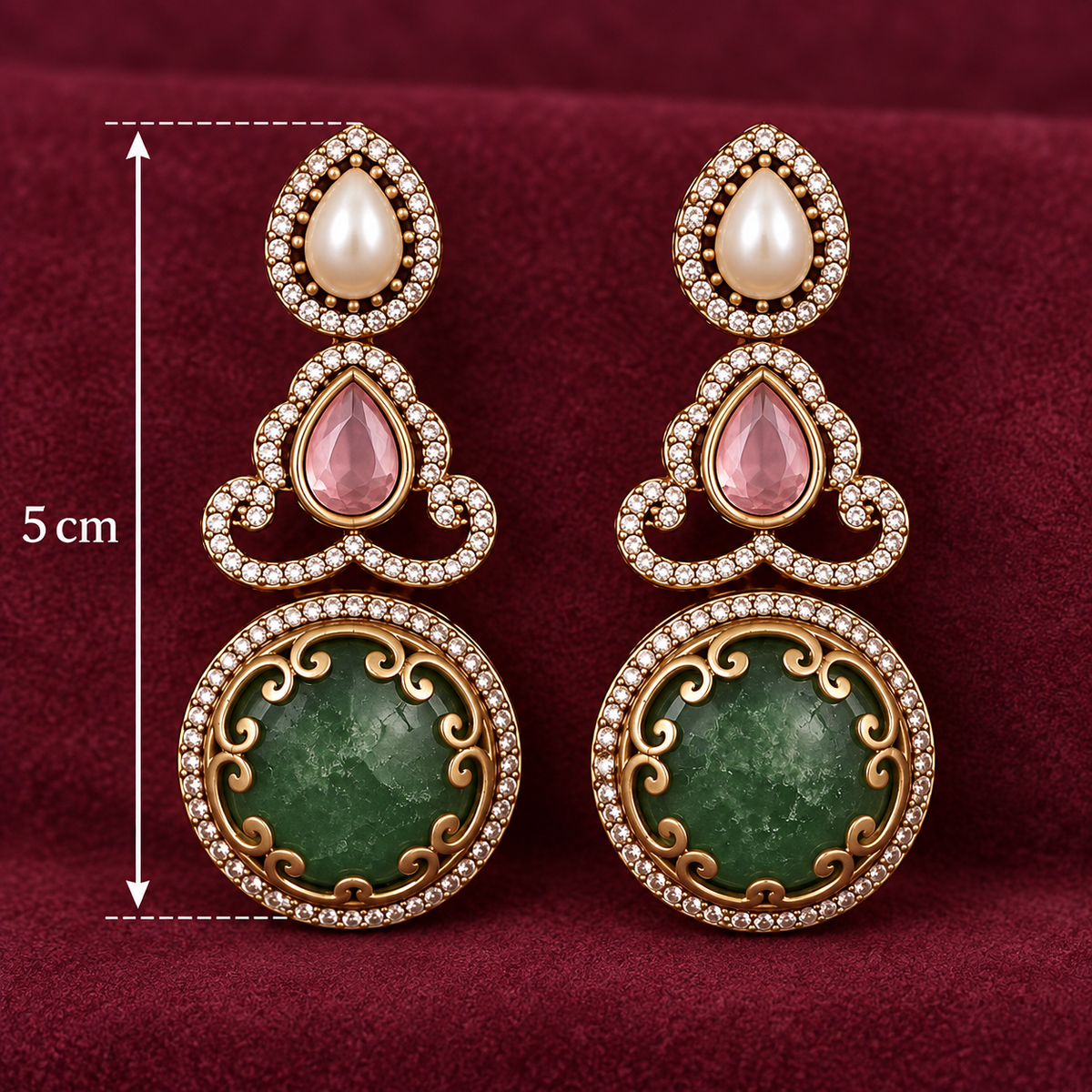 Handcrafted Pink & Mint Stone, Kundan & AD Three-Tier Drop Earrings in Antique Brass
