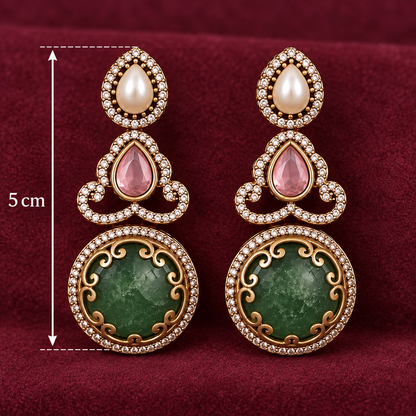 Handcrafted Pink & Mint Stone, Kundan & AD Three-Tier Drop Earrings in Antique Brass