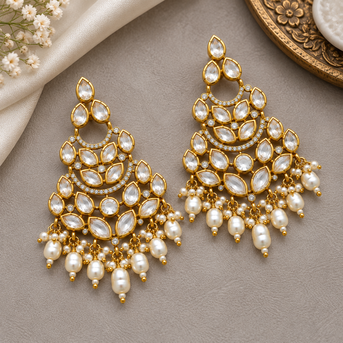 Luxury Multi-Layer Gold Plated Kundan Chandbali with Pearl Drops