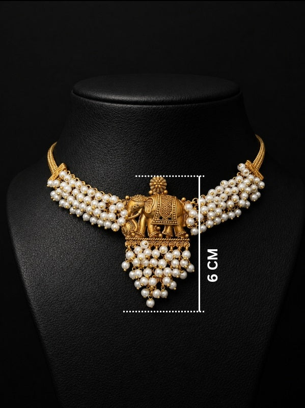 Classic Elephant Pearl Choker Necklace Set Traditional Gold-Plated Temple Jewelry with Earrings