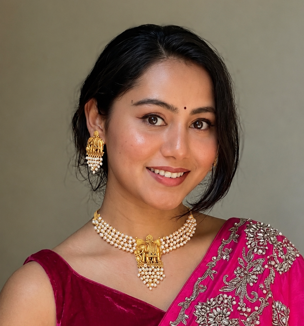 Classic Elephant Pearl Choker Necklace Set Traditional Gold-Plated Temple Jewelry with Earrings