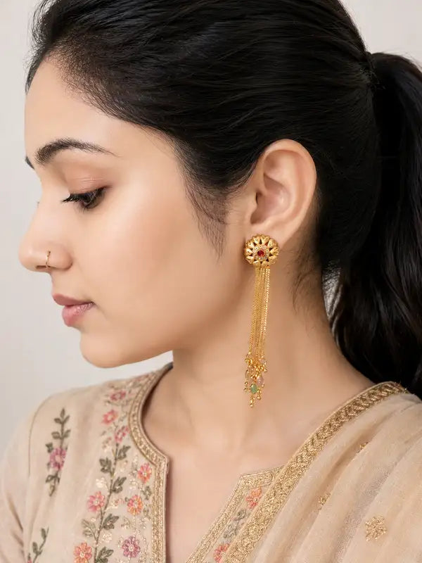 Classic Ruby Floral Tassel Earrings , Gold plated , Drop Statement Earrings