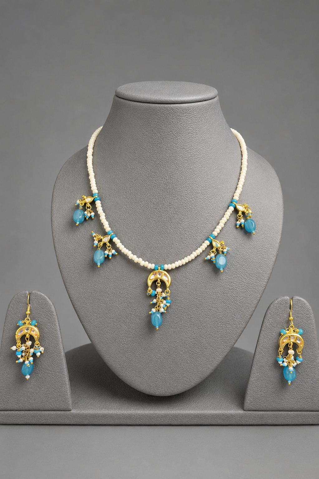 Royal Blue Gemstone And Pearl Beaded Handcrafted Necklace Set With Matching Earrings