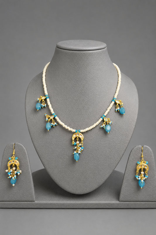Royal Blue Gemstone And Pearl Beaded Handcrafted Necklace Set With Matching Earrings
