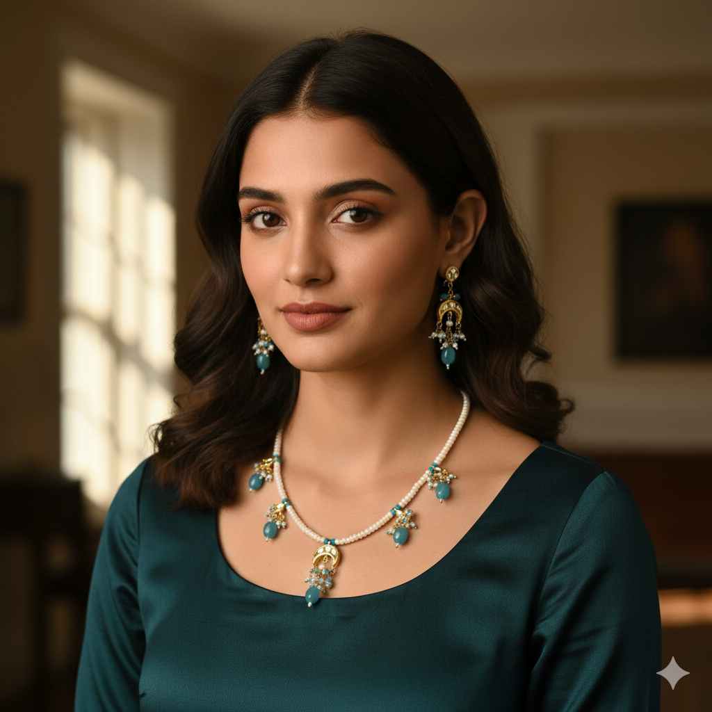Royal Blue Gemstone And Pearl Beaded Handcrafted Necklace Set With Matching Earrings