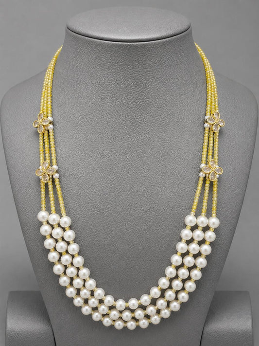 Elegant Three-Strand Pearl and Yellow CZ Crystal Necklace with kundan flowers – Handcrafted Artisan Jewellery best matched with western and traditional attire