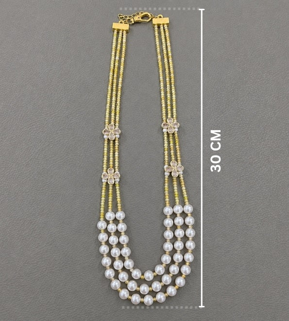 Elegant Three-Strand Pearl and Yellow CZ Crystal Necklace with kundan flowers – Handcrafted Artisan Jewellery best matched with western and traditional attire