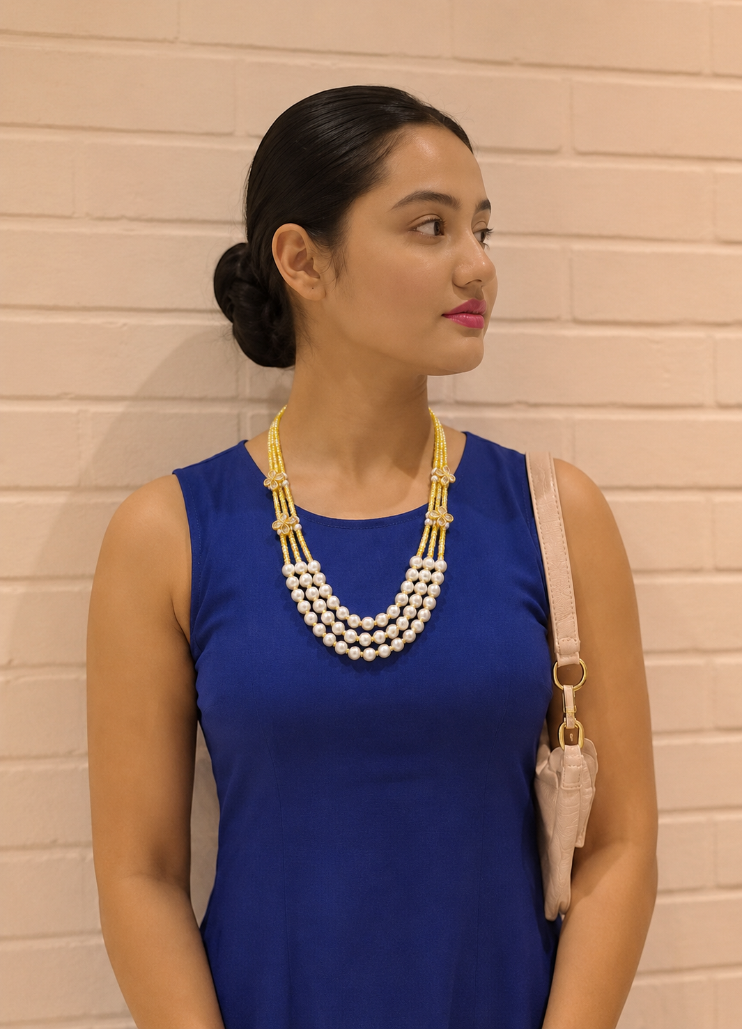 Elegant Three-Strand Pearl and Yellow CZ Crystal Necklace with kundan flowers – Handcrafted Artisan Jewellery best matched with western and traditional attire