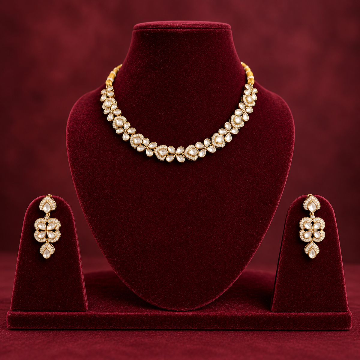 Gold-toned traditional jewelry set displayed on a dark red velvet jewelry bust, including a matching necklace and two matching drop earrings, with a matching dark red velvet presentation base.