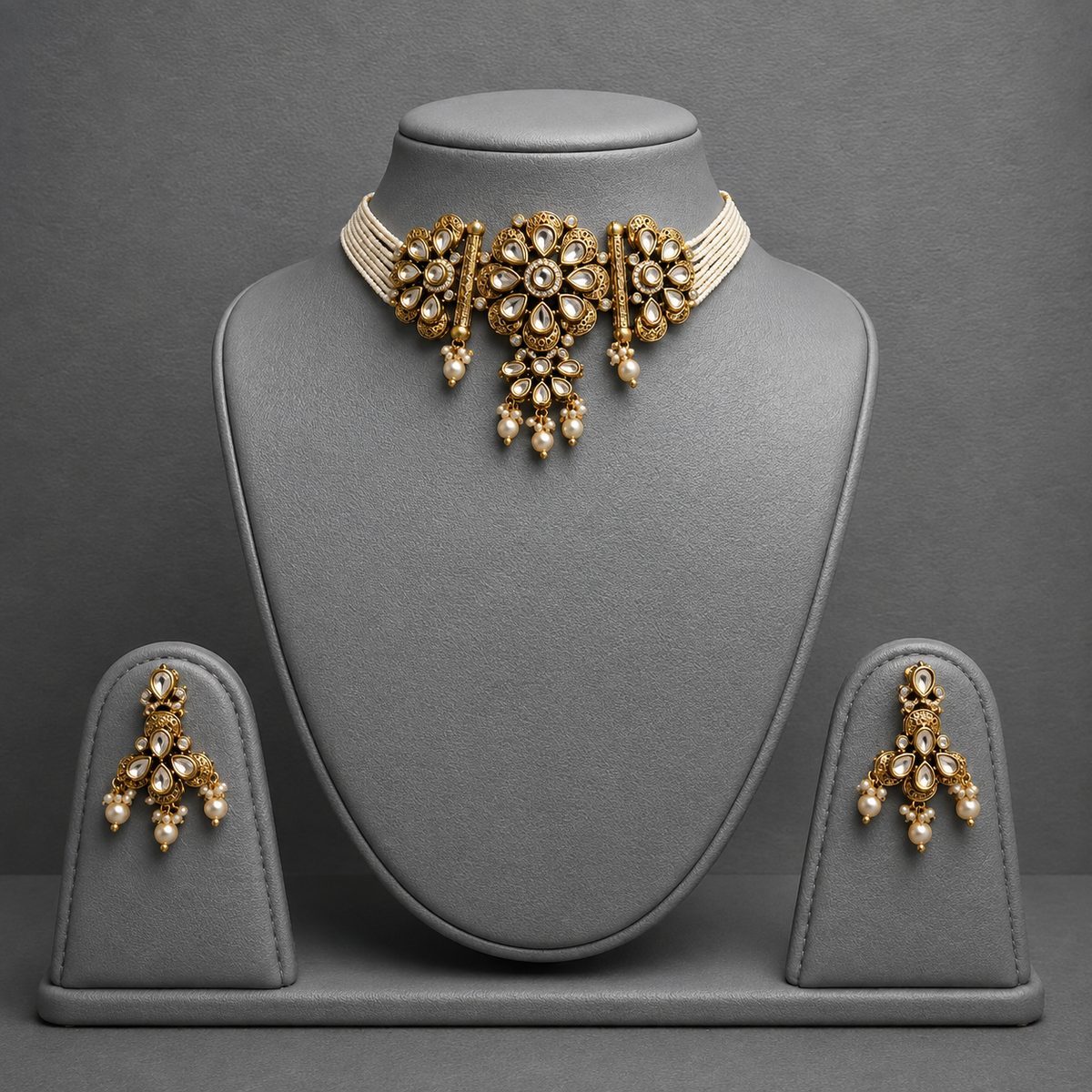 Gold-toned traditional Indian jewelry set featuring a choker necklace and matching earrings, displayed on a gray jewelry bust and stand against a dark gray background.