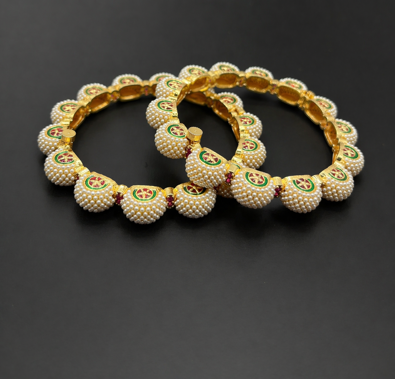 Gold plated Gokhru Bangles with seed pearls and stone- Traditional Indian Bangles  Kadas- Set of 2