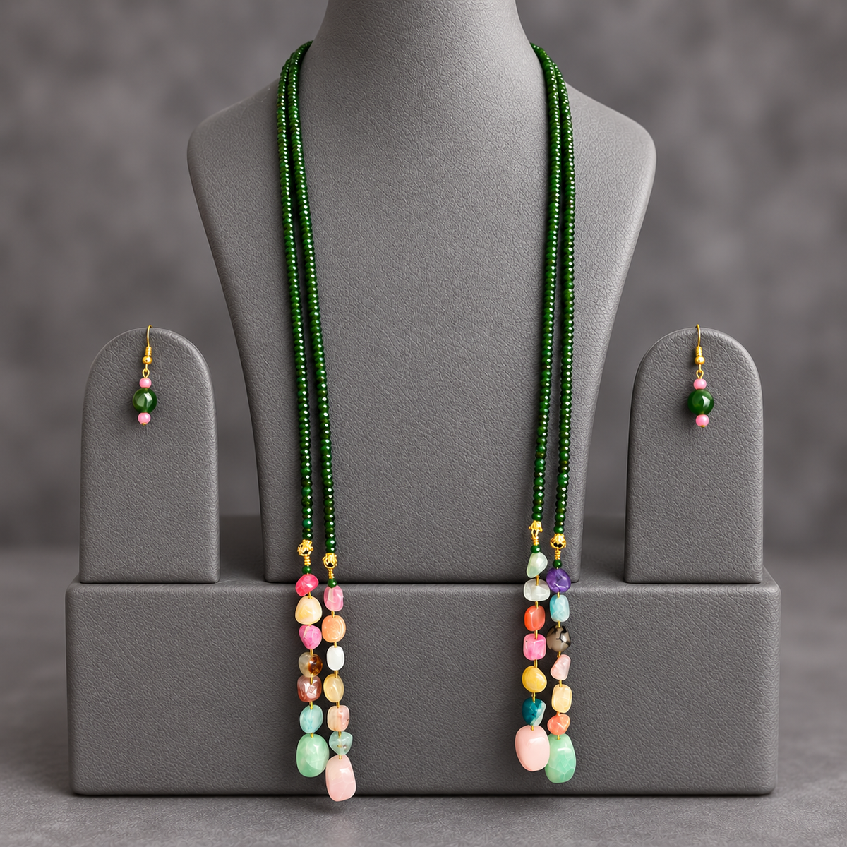 Green Onyx double string mala and multi colourgemstone Lariat set with earrings