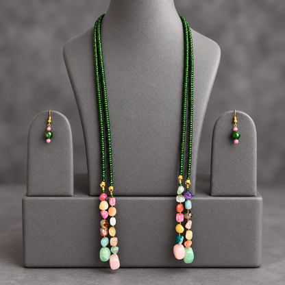 Green Onyx double string mala and multi colourgemstone Lariat set with earrings