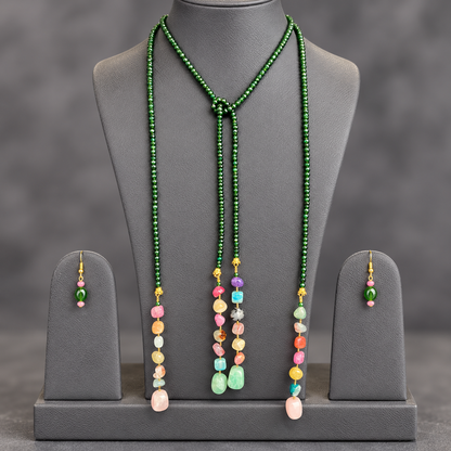 Green Onyx double string mala and multi colourgemstone Lariat set with earrings