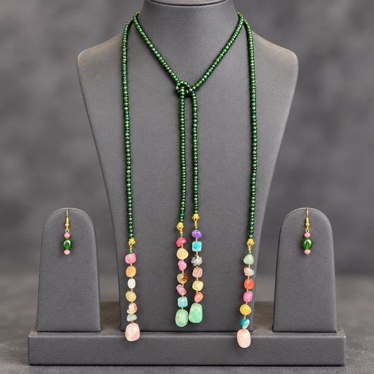 Green Onyx double string mala and multi colourgemstone Lariat set with earrings