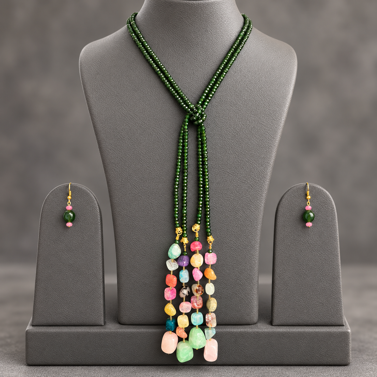 Green Onyx double string mala and multi colourgemstone Lariat set with earrings