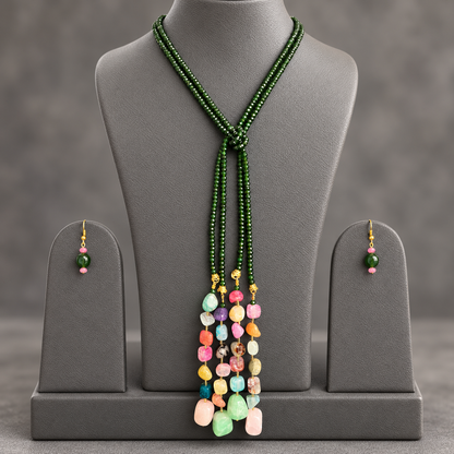 Green Onyx double string mala and multi colourgemstone Lariat set with earrings